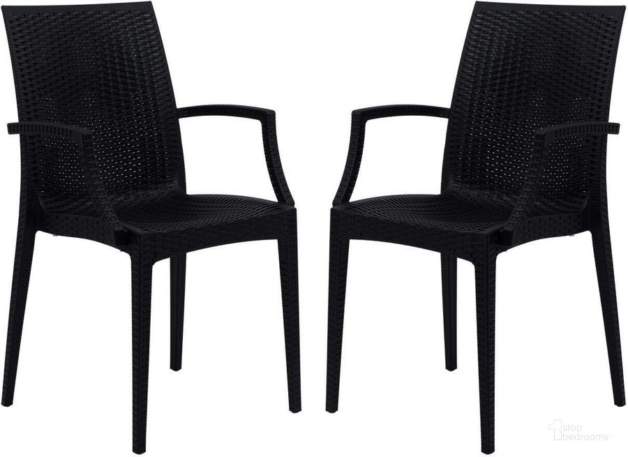 The appearance of 2 LeisureMod Weave Black Mace Indoor Outdoor Arm Chairs designed by LeisureMod in the modern / contemporary interior design. This black piece of furniture  was selected by 1StopBedrooms from Weave Collection to add a touch of cosiness and style into your home. Sku: MCA19BL2. Material: Polypropylene. Product Type: Outdoor Chair. Image1