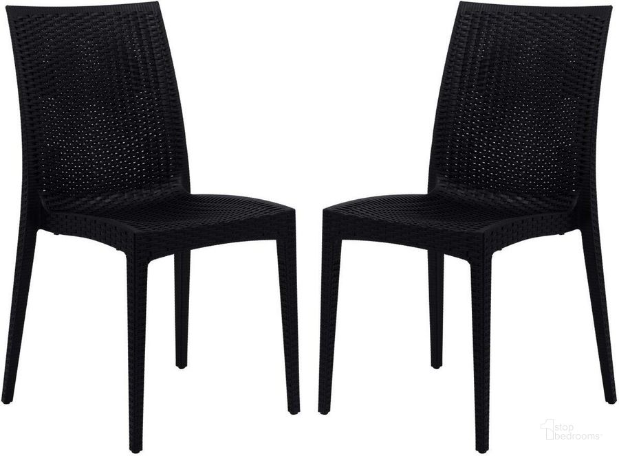 The appearance of 2 LeisureMod Weave Black Mace Indoor Outdoor Armless Dining Chairs designed by LeisureMod in the modern / contemporary interior design. This black piece of furniture  was selected by 1StopBedrooms from Weave Collection to add a touch of cosiness and style into your home. Sku: MC19BL2. Material: Polypropylene. Product Type: Dining Chair. Image1