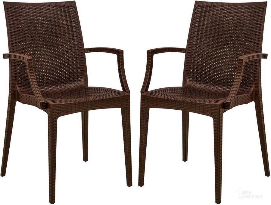 The appearance of 2 LeisureMod Weave Brown Mace Indoor Outdoor Arm Chairs designed by LeisureMod in the modern / contemporary interior design. This brown piece of furniture  was selected by 1StopBedrooms from Weave Collection to add a touch of cosiness and style into your home. Sku: MCA19BR2. Material: Polypropylene. Product Type: Outdoor Chair. Image1