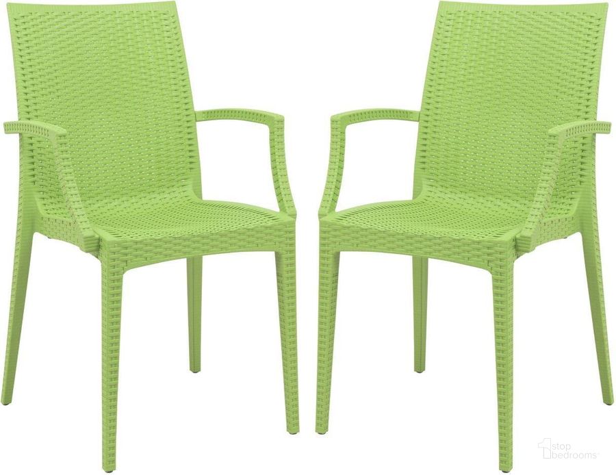 The appearance of 2 LeisureMod Weave Green Mace Indoor Outdoor Arm Chairs designed by LeisureMod in the modern / contemporary interior design. This green piece of furniture  was selected by 1StopBedrooms from Weave Collection to add a touch of cosiness and style into your home. Sku: MCA19G2. Material: Polypropylene. Product Type: Outdoor Chair. Image1