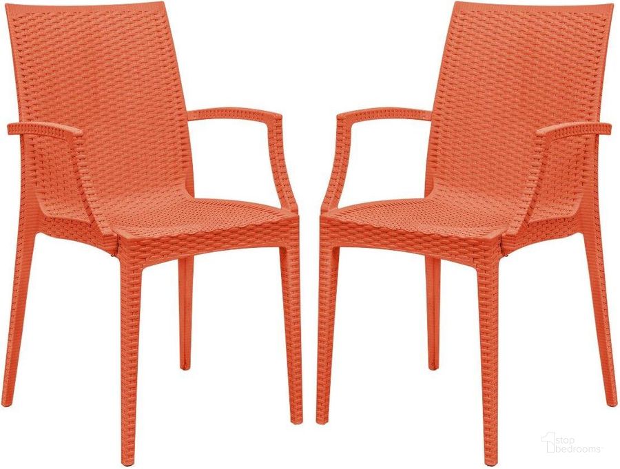 The appearance of 2 LeisureMod Weave Orange Mace Indoor Outdoor Arm Chairs designed by LeisureMod in the modern / contemporary interior design. This orange piece of furniture  was selected by 1StopBedrooms from Weave Collection to add a touch of cosiness and style into your home. Sku: MCA19OR2. Material: Polypropylene. Product Type: Outdoor Chair. Image1