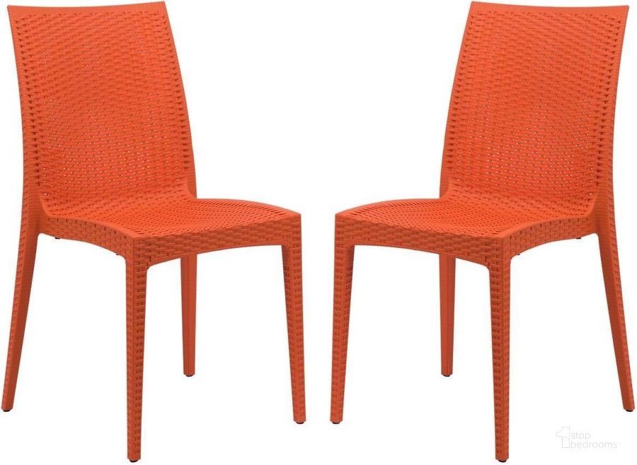 The appearance of 2 LeisureMod Weave Orange Mace Indoor Outdoor Armless Dining Chairs designed by LeisureMod in the modern / contemporary interior design. This orange piece of furniture  was selected by 1StopBedrooms from Weave Collection to add a touch of cosiness and style into your home. Sku: MC19OR2. Material: Polypropylene. Product Type: Dining Chair. Image1
