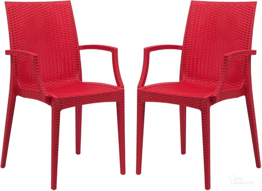 The appearance of 2 LeisureMod Weave Red Mace Indoor Outdoor Arm Chairs designed by LeisureMod in the modern / contemporary interior design. This red piece of furniture  was selected by 1StopBedrooms from Weave Collection to add a touch of cosiness and style into your home. Sku: MCA19R2. Material: Polypropylene. Product Type: Outdoor Chair. Image1