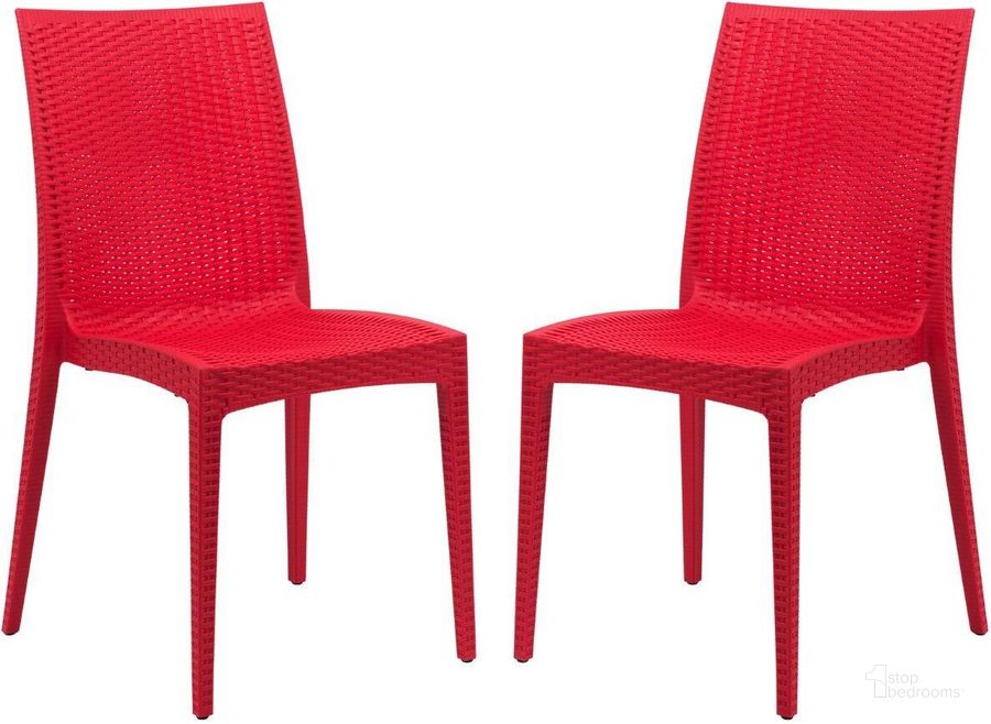 The appearance of 2 LeisureMod Weave Red Mace Indoor Outdoor Armless Dining Chairs designed by LeisureMod in the modern / contemporary interior design. This red piece of furniture  was selected by 1StopBedrooms from Weave Collection to add a touch of cosiness and style into your home. Sku: MC19R2. Material: Polypropylene. Product Type: Dining Chair. Image1