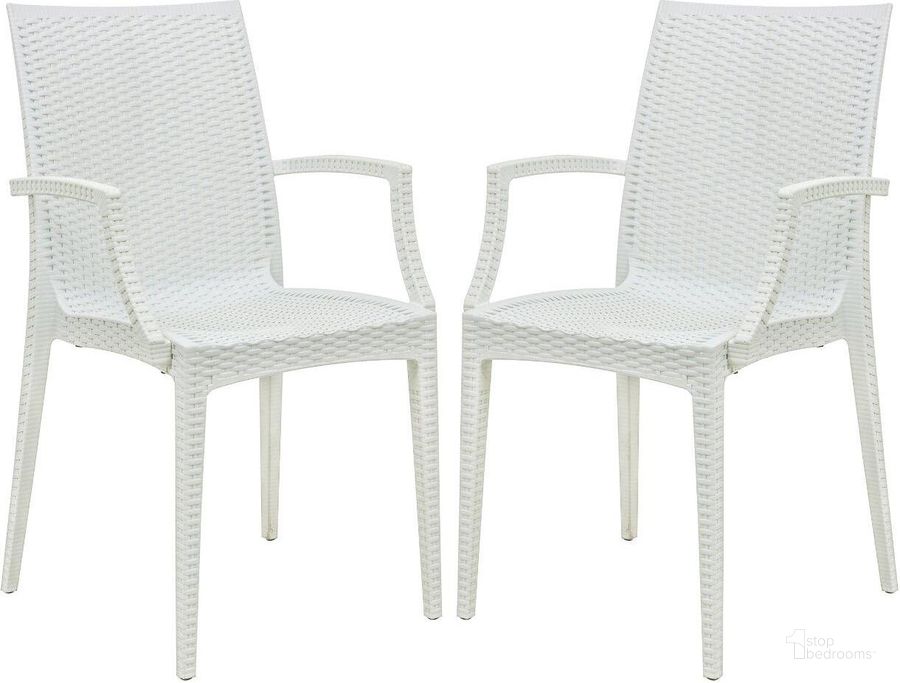 The appearance of 2 LeisureMod Weave White Mace Indoor Outdoor Arm Chairs designed by LeisureMod in the modern / contemporary interior design. This white piece of furniture  was selected by 1StopBedrooms from Weave Collection to add a touch of cosiness and style into your home. Sku: MCA19W2. Material: Polypropylene. Product Type: Outdoor Chair. Image1