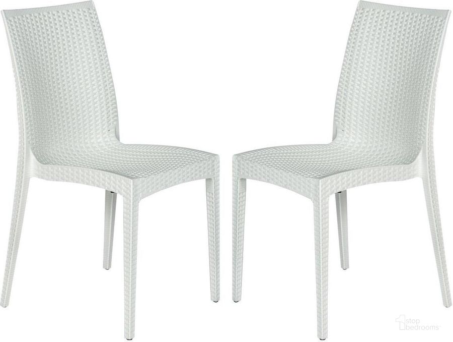 The appearance of 2 LeisureMod Weave White Mace Indoor Outdoor Armless Dining Chairs designed by LeisureMod in the modern / contemporary interior design. This white piece of furniture  was selected by 1StopBedrooms from Weave Collection to add a touch of cosiness and style into your home. Sku: MC19W2. Material: Polypropylene. Product Type: Dining Chair. Image1