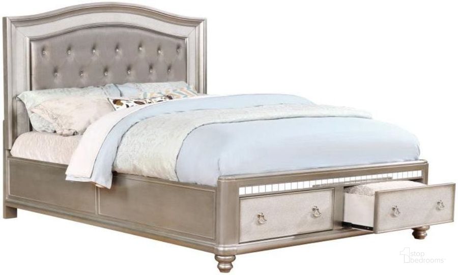 The appearance of Bling Game Metallic Platinum King Panel Storage Bed designed by Coaster in the transitional interior design. This gray piece of furniture  was selected by 1StopBedrooms from Bling Game Collection to add a touch of cosiness and style into your home. Sku: 204180KEB1;204180KEB2;204180KEB3. Bed Type: Storage Bed. Product Type: Storage Bed. Bed Size: King. Material: Plywood. Image1