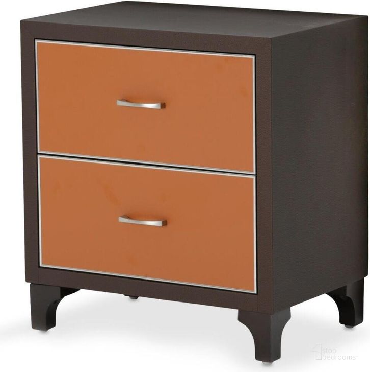 The appearance of 21 Cosmopolitan Nightstand In Diablo Orange Or Umber designed by AICO in the modern / contemporary interior design. This orange piece of furniture  was selected by 1StopBedrooms from 21 Cosmopolitan Collection to add a touch of cosiness and style into your home. Sku: 9029040-812. Product Type: Nightstand. Image1