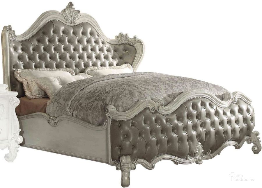 The appearance of Versailles Vintage Gray Bone White King Upholstered Panel Bed designed by ACME in the rustic / southwestern interior design. This gray piece of furniture  was selected by 1StopBedrooms from Versailles Collection to add a touch of cosiness and style into your home. Sku: 21147EK-HB;21148EK-FB;21149EK-R. Bed Type: Panel Bed. Material: Wood. Product Type: Panel Bed. Bed Size: King. Image1