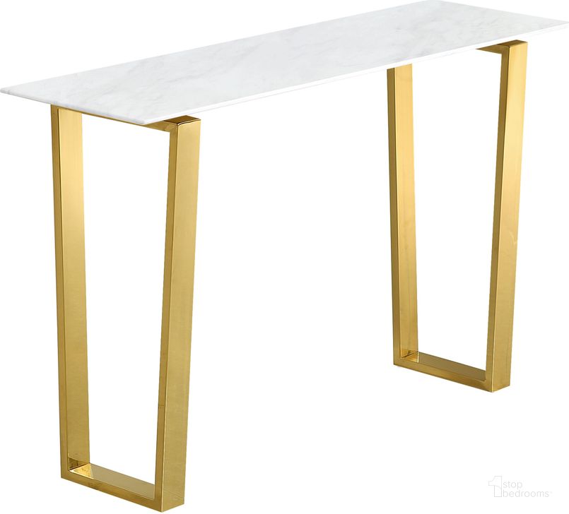 The appearance of Meridian Cameron Console Table in Gold designed by Meridian in the modern / contemporary interior design. This gold piece of furniture  was selected by 1StopBedrooms from Cameron Collection to add a touch of cosiness and style into your home. Sku: 212-S-1;212-S-2. Material: Marble. Product Type: Console Table. Image1