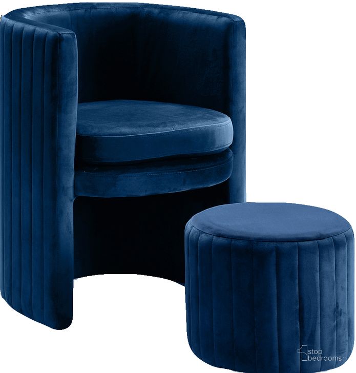 The appearance of Meridian Selena Navy Velvet Accent Chair designed by Meridian in the modern / contemporary interior design. This navy velvet piece of furniture  was selected by 1StopBedrooms from Selena Collection to add a touch of cosiness and style into your home. Sku: 555Navy. Product Type: Accent Chair. Material: Velvet. Image1