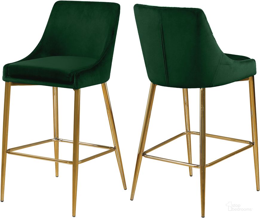 The appearance of Meridian Karina Green Velvet Stool Set of 2 designed by Meridian in the modern / contemporary interior design. This green velvet piece of furniture  was selected by 1StopBedrooms from Karina Collection to add a touch of cosiness and style into your home. Sku: 789Green-C. Product Type: Barstool. Material: Velvet. Image1