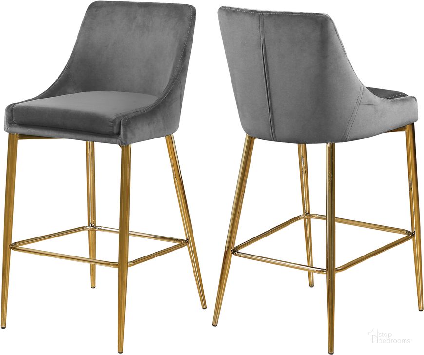 The appearance of Meridian Karina 789Grey Velvet Stool Set of 2 designed by Meridian in the modern / contemporary interior design. This grey velvet piece of furniture  was selected by 1StopBedrooms from Karina Collection to add a touch of cosiness and style into your home. Sku: 789Grey-C. Product Type: Barstool. Material: Velvet. Image1