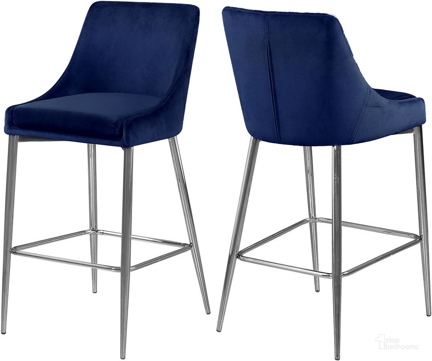 The appearance of Meridian Karina 790Navy Velvet Stool Set of 2 designed by Meridian in the modern / contemporary interior design. This navy velvet piece of furniture  was selected by 1StopBedrooms from Karina Collection to add a touch of cosiness and style into your home. Sku: 790Navy-C. Product Type: Barstool. Material: Velvet. Image1