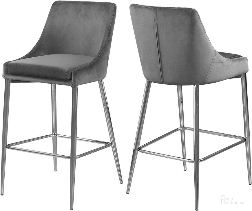 The appearance of Meridian Karina 790Grey Velvet Stool Set of 2 designed by Meridian in the modern / contemporary interior design. This grey velvet piece of furniture  was selected by 1StopBedrooms from Karina Collection to add a touch of cosiness and style into your home. Sku: 790Grey-C. Product Type: Barstool. Material: Velvet. Image1