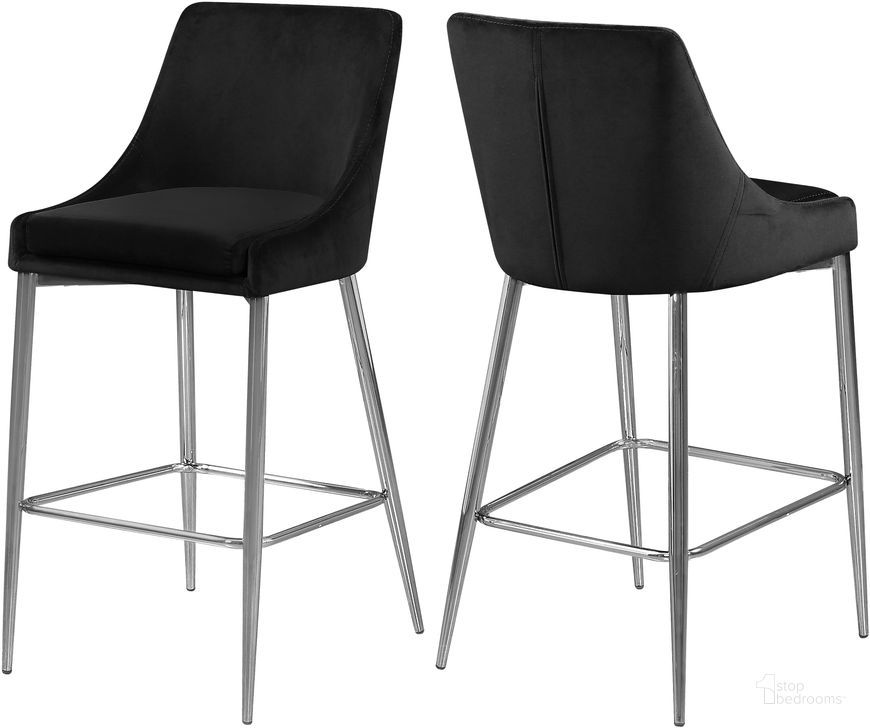 The appearance of Meridian Karina 790Black Velvet Stool Set of 2 designed by Meridian in the modern / contemporary interior design. This black velvet piece of furniture  was selected by 1StopBedrooms from Karina Collection to add a touch of cosiness and style into your home. Sku: 790Black-C. Product Type: Barstool. Material: Velvet. Image1