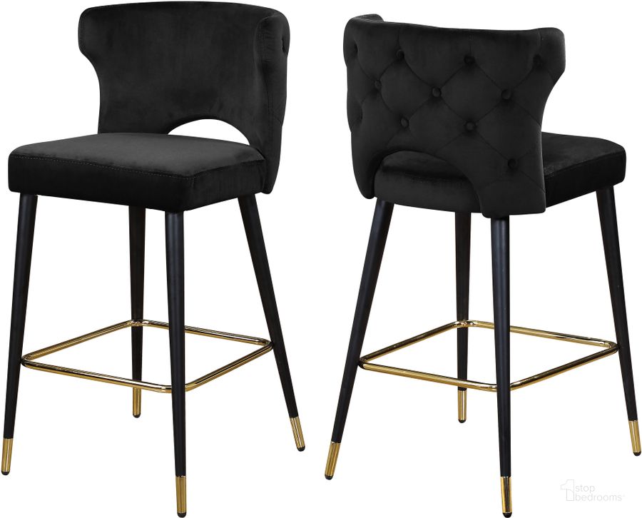The appearance of Meridian Kelly Black Velvet Stool Set of 2 designed by Meridian in the modern / contemporary interior design. This black velvet piece of furniture  was selected by 1StopBedrooms from Kelly Collection to add a touch of cosiness and style into your home. Sku: 791Black-C. Product Type: Barstool. Material: Velvet. Image1