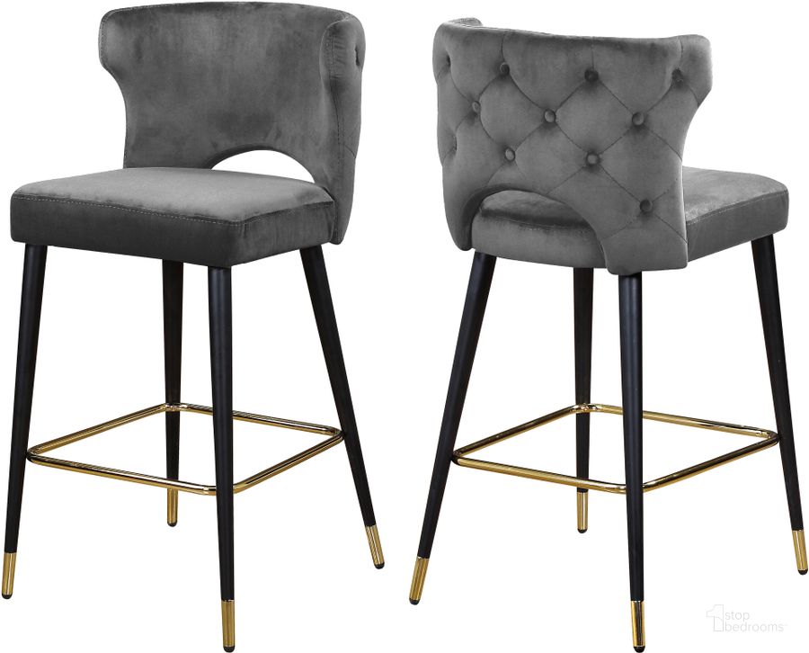 The appearance of Meridian Kelly Grey Velvet Stool Set of 2 designed by Meridian in the modern / contemporary interior design. This grey velvet piece of furniture  was selected by 1StopBedrooms from Kelly Collection to add a touch of cosiness and style into your home. Sku: 791Grey-C. Product Type: Barstool. Material: Velvet. Image1