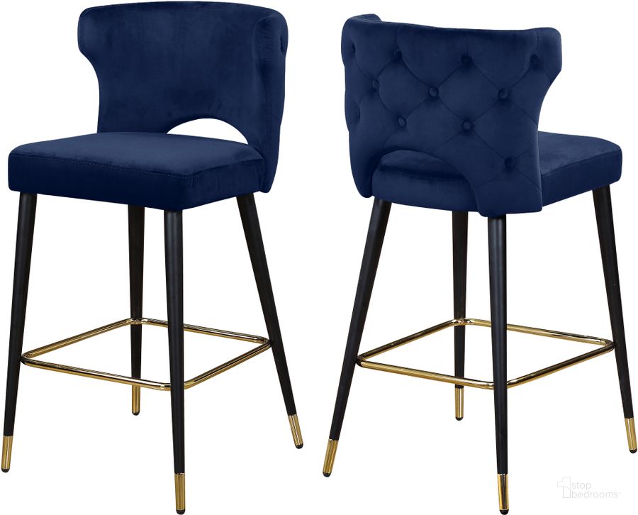 The appearance of Meridian Kelly Navy Velvet Stool Set of 2 designed by Meridian in the modern / contemporary interior design. This navy velvet piece of furniture  was selected by 1StopBedrooms from Kelly Collection to add a touch of cosiness and style into your home. Sku: 791Navy-C. Product Type: Barstool. Material: Velvet. Image1
