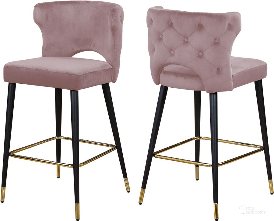 The appearance of Meridian Kelly Pink Velvet Stool Set of 2 designed by Meridian in the modern / contemporary interior design. This pink velvet piece of furniture  was selected by 1StopBedrooms from Kelly Collection to add a touch of cosiness and style into your home. Sku: 791Pink-C. Product Type: Barstool. Material: Velvet. Image1