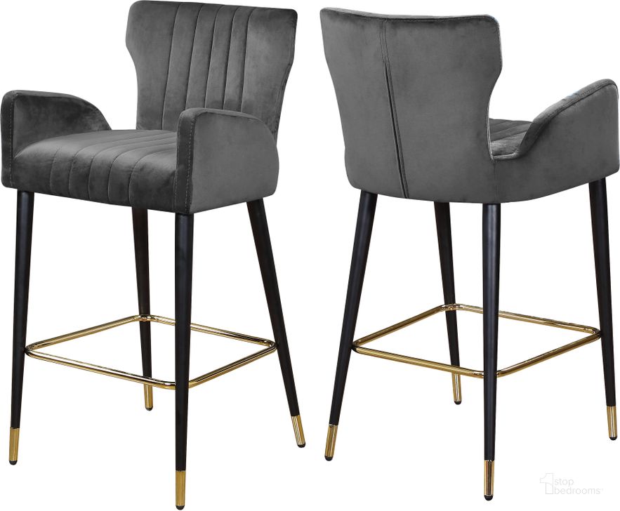 The appearance of Meridian Luxe Grey Velvet Stool Set of 2 designed by Meridian in the modern / contemporary interior design. This grey velvet piece of furniture  was selected by 1StopBedrooms from Luxe Collection to add a touch of cosiness and style into your home. Sku: 792Grey-C. Product Type: Barstool. Material: Velvet. Image1