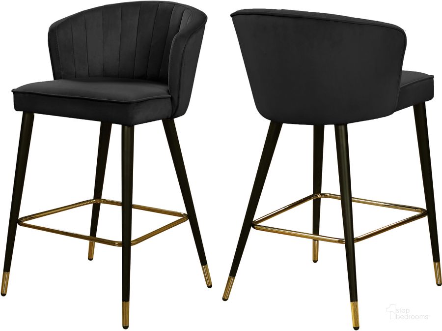 The appearance of Meridian Cassie Black Velvet Stool Set of 2 designed by Meridian in the modern / contemporary interior design. This black velvet piece of furniture  was selected by 1StopBedrooms from Cassie Collection to add a touch of cosiness and style into your home. Sku: 793Black-C. Product Type: Barstool. Material: Velvet. Image1
