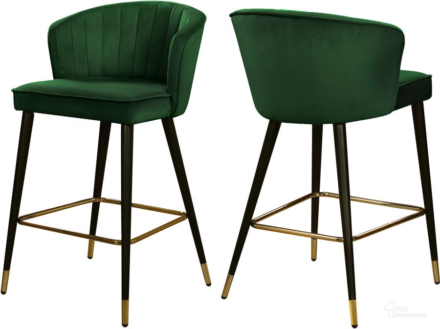 The appearance of Meridian Cassie Green Velvet Stool Set of 2 designed by Meridian in the modern / contemporary interior design. This green velvet piece of furniture  was selected by 1StopBedrooms from Cassie Collection to add a touch of cosiness and style into your home. Sku: 793Green-C. Product Type: Barstool. Material: Velvet. Image1
