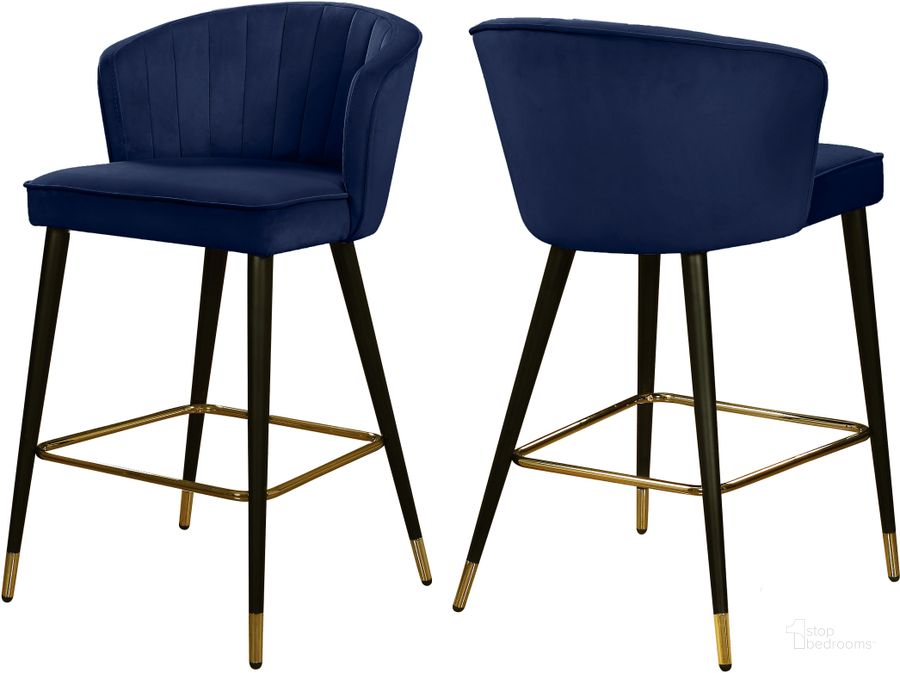 The appearance of Meridian Cassie Navy Velvet Stool Set of 2 designed by Meridian in the modern / contemporary interior design. This navy velvet piece of furniture  was selected by 1StopBedrooms from Cassie Collection to add a touch of cosiness and style into your home. Sku: 793Navy-C. Product Type: Barstool. Material: Velvet. Image1