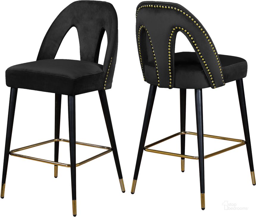 The appearance of Meridian Akoya Black Velvet Stool Set of 2 designed by Meridian in the modern / contemporary interior design. This black velvet piece of furniture  was selected by 1StopBedrooms from Akoya Collection to add a touch of cosiness and style into your home. Sku: 795Black-C. Product Type: Barstool. Material: Velvet. Image1
