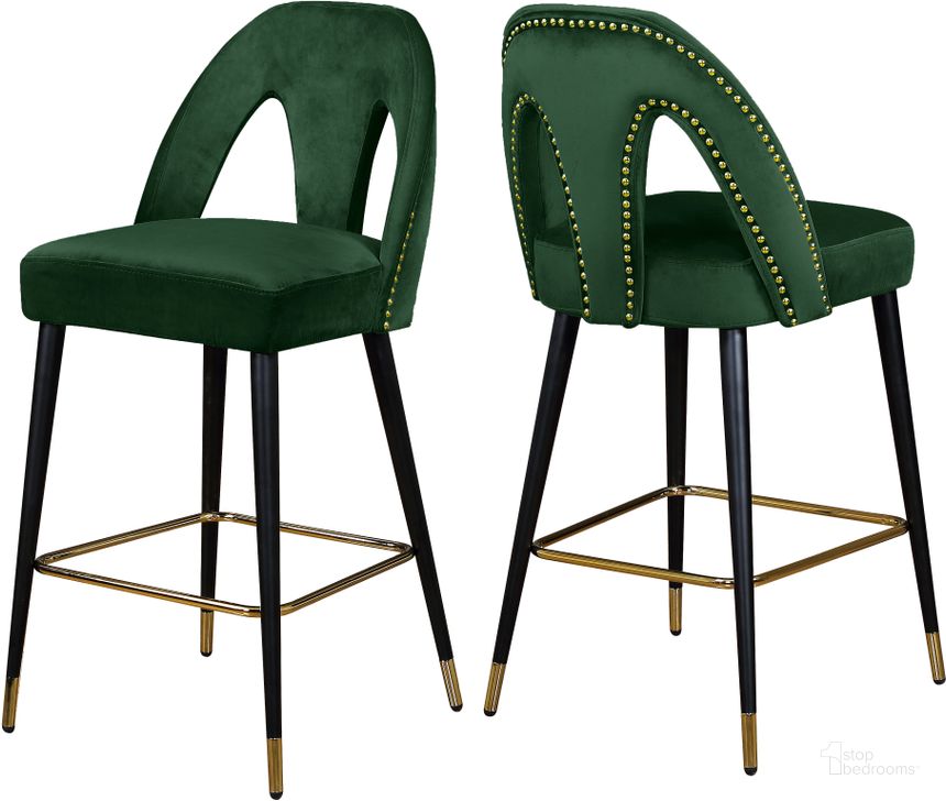 The appearance of Meridian Akoya Green Velvet Stool Set of 2 designed by Meridian in the modern / contemporary interior design. This green velvet piece of furniture  was selected by 1StopBedrooms from Akoya Collection to add a touch of cosiness and style into your home. Sku: 795Green-C. Product Type: Barstool. Material: Velvet. Image1