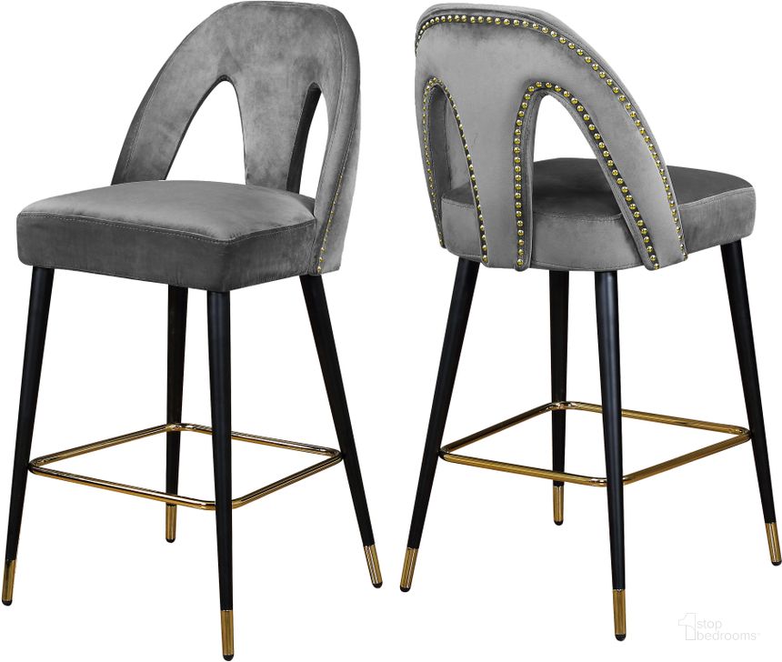 The appearance of Meridian Akoya Grey Velvet Stool Set of 2 designed by Meridian in the modern / contemporary interior design. This grey velvet piece of furniture  was selected by 1StopBedrooms from Akoya Collection to add a touch of cosiness and style into your home. Sku: 795Grey-C. Product Type: Barstool. Material: Velvet. Image1