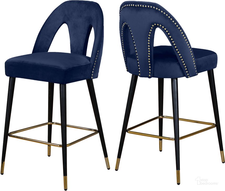 The appearance of Meridian Akoya Navy Velvet Stool Set of 2 designed by Meridian in the modern / contemporary interior design. This navy velvet piece of furniture  was selected by 1StopBedrooms from Akoya Collection to add a touch of cosiness and style into your home. Sku: 795Navy-C. Product Type: Barstool. Material: Velvet. Image1