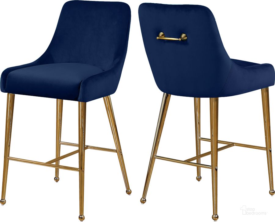 The appearance of Meridian Owen Navy Velvet Stool Set of 2 designed by Meridian in the modern / contemporary interior design. This navy velvet piece of furniture  was selected by 1StopBedrooms from Owen Collection to add a touch of cosiness and style into your home. Sku: 745Navy. Product Type: Barstool. Material: Velvet. Image1