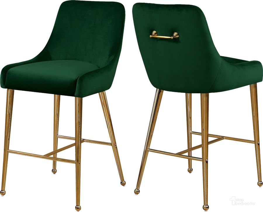 The appearance of Meridian Owen Green Velvet Stool Set of 2 designed by Meridian in the modern / contemporary interior design. This green velvet piece of furniture  was selected by 1StopBedrooms from Owen Collection to add a touch of cosiness and style into your home. Sku: 745Green. Product Type: Barstool. Material: Velvet. Image1