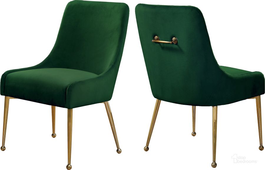 The appearance of Meridian Owen Green Velvet Dining Chair Set of 2 designed by Meridian in the modern / contemporary interior design. This green velvet piece of furniture  was selected by 1StopBedrooms from Owen Collection to add a touch of cosiness and style into your home. Sku: 744Green. Product Type: Dining Chair. Material: Velvet. Image1