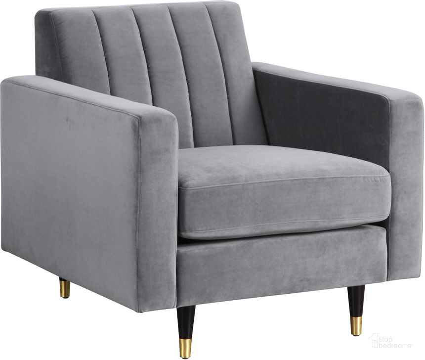 The appearance of Meridian Lola Grey Velvet Chair designed by Meridian in the modern / contemporary interior design. This grey velvet piece of furniture  was selected by 1StopBedrooms from Lola Collection to add a touch of cosiness and style into your home. Sku: 619Grey-C. Product Type: Living Room Chair. Material: Velvet. Image1