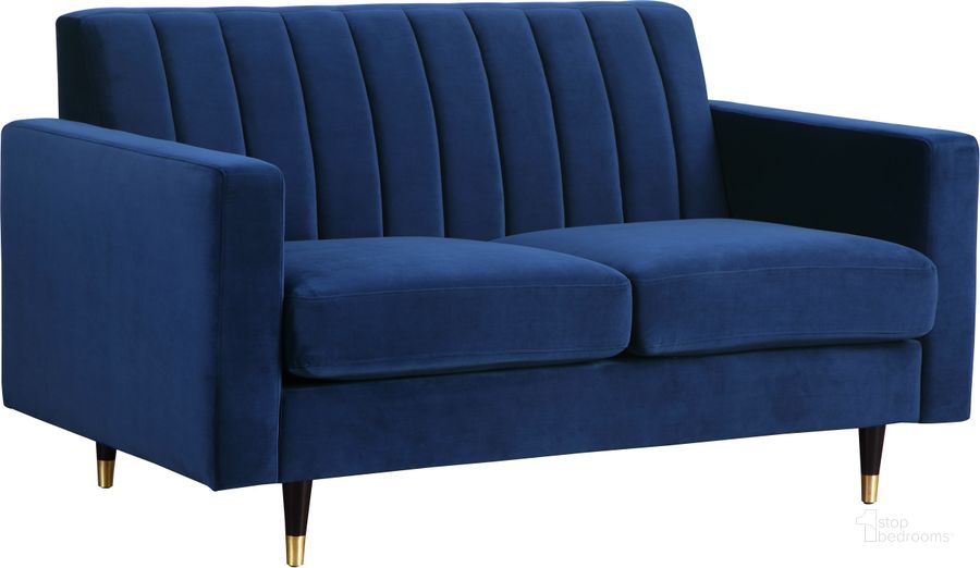 The appearance of Meridian Lola Navy Velvet Loveseat designed by Meridian in the modern / contemporary interior design. This navy velvet piece of furniture  was selected by 1StopBedrooms from Lola Collection to add a touch of cosiness and style into your home. Sku: 619Navy-L. Product Type: Loveseat. Material: Velvet. Image1