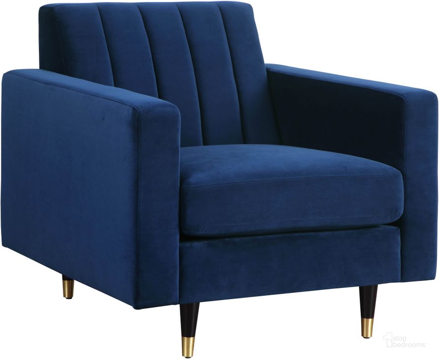 The appearance of Meridian Lola Navy Velvet Chair designed by Meridian in the modern / contemporary interior design. This navy velvet piece of furniture  was selected by 1StopBedrooms from Lola Collection to add a touch of cosiness and style into your home. Sku: 619Navy-C. Product Type: Living Room Chair. Material: Velvet. Image1