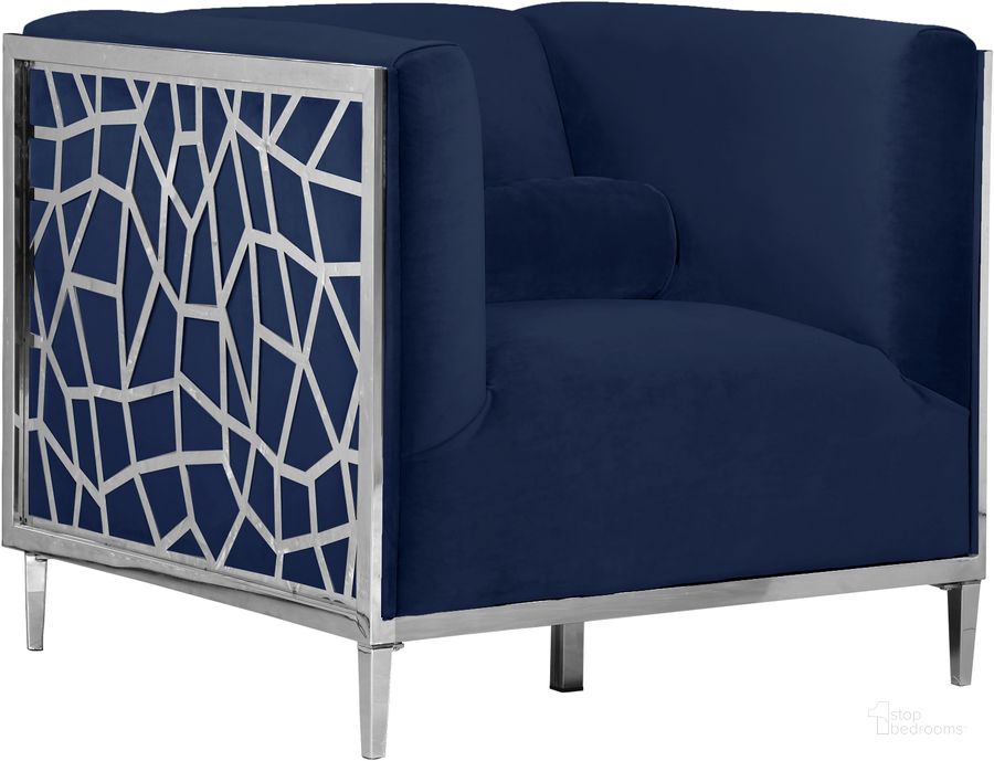 The appearance of Meridian Opal Navy Velvet Chair designed by Meridian in the modern / contemporary interior design. This navy velvet piece of furniture  was selected by 1StopBedrooms from Opal Collection to add a touch of cosiness and style into your home. Sku: 672Navy-C. Product Type: Living Room Chair. Material: Velvet. Image1