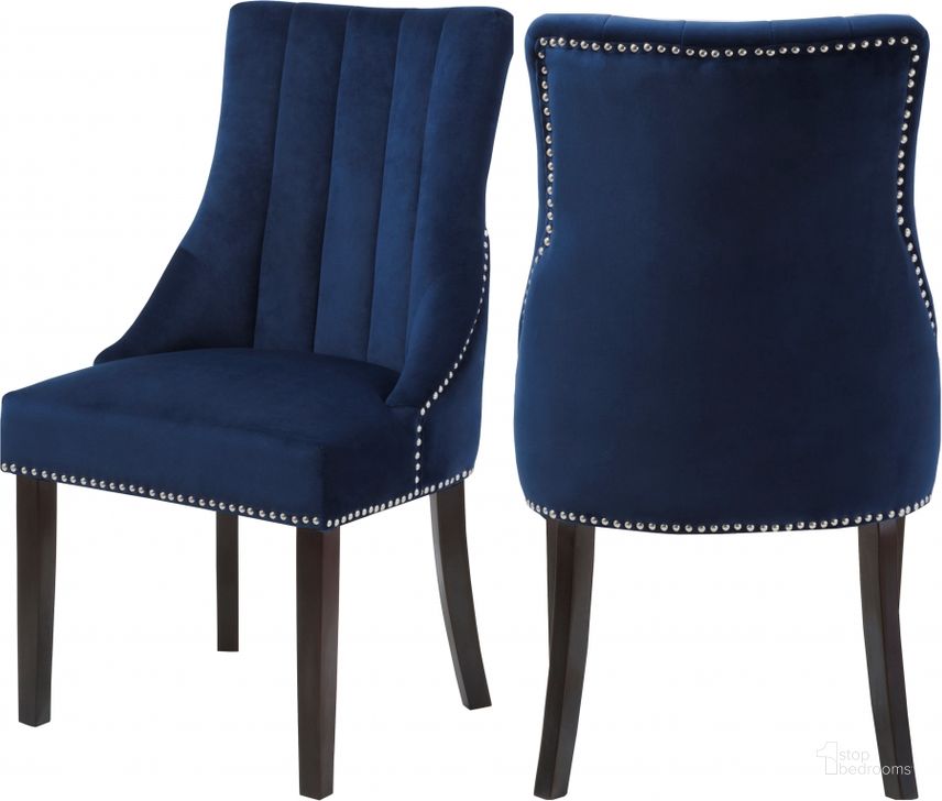 The appearance of Meridian Oxford Navy Velvet Dining Chair Set of 2 designed by Meridian in the modern / contemporary interior design. This navy velvet piece of furniture  was selected by 1StopBedrooms from Oxford Collection to add a touch of cosiness and style into your home. Sku: 721Navy-C. Product Type: Dining Chair. Material: Velvet. Image1