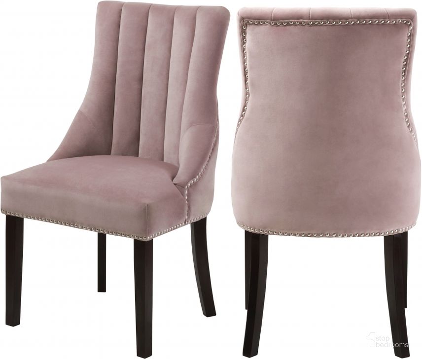 The appearance of Meridian Oxford Pink Velvet Dining Chair Set of 2 designed by Meridian in the modern / contemporary interior design. This pink velvet piece of furniture  was selected by 1StopBedrooms from Oxford Collection to add a touch of cosiness and style into your home. Sku: 721Pink-C. Product Type: Dining Chair. Material: Velvet. Image1