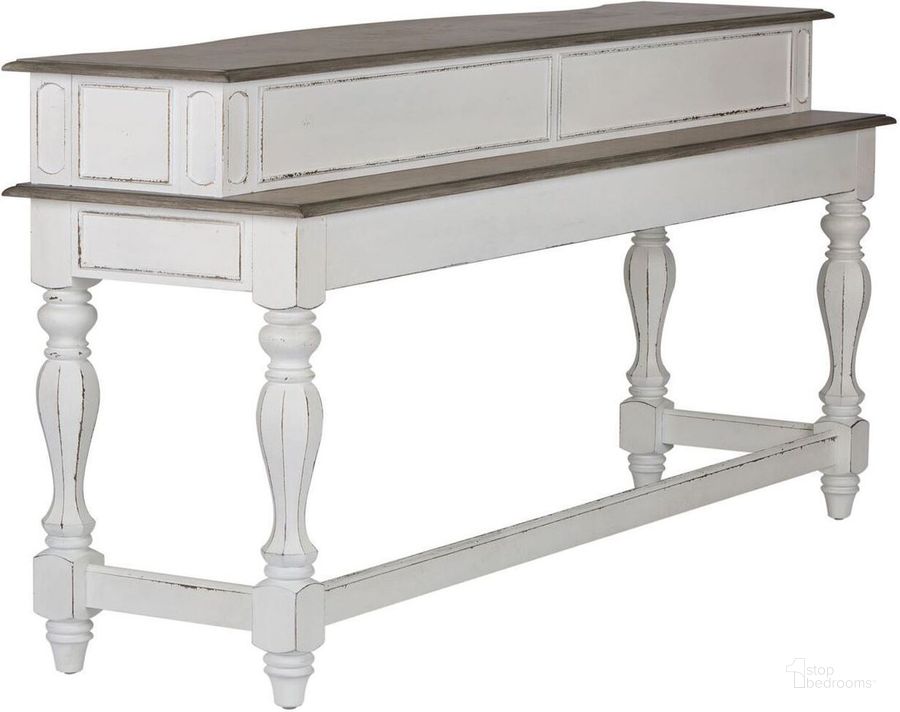 The appearance of Magnolia Manor Antique White Console Bar Table designed by Liberty in the transitional interior design. This antique white piece of furniture  was selected by 1StopBedrooms from Magnolia Manor Collection to add a touch of cosiness and style into your home. Sku: 244-OT7636. Material: Wood. Product Type: Bar Table. Image1