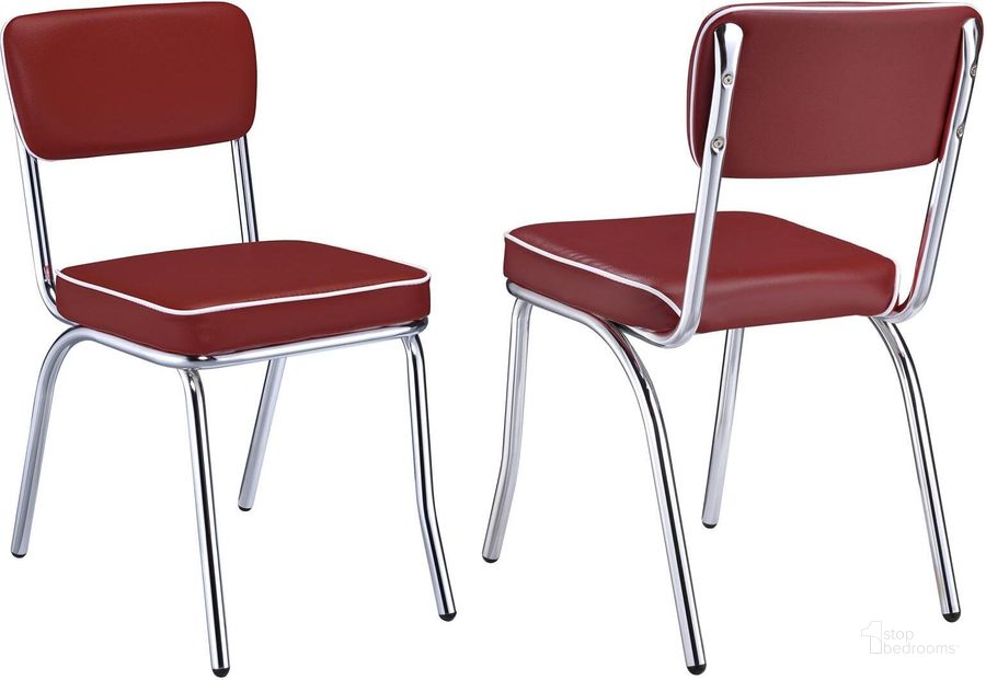 The appearance of Mix and Match Red Chrome Plated Retro Dining Chair Set of 2 designed by Coaster in the modern / contemporary interior design. This chrome piece of furniture  was selected by 1StopBedrooms from Chrome Collection to add a touch of cosiness and style into your home. Sku: 2450R. Product Type: Dining Chair. Material: Vinyl. Image1