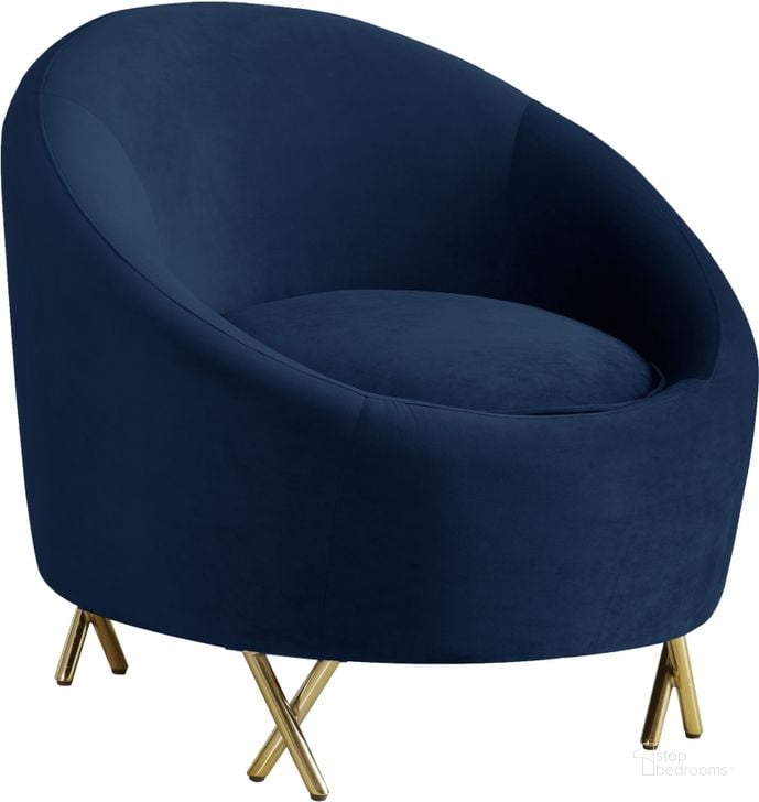 The appearance of Meridian Serpentine Navy Velvet Chair designed by Meridian in the modern / contemporary interior design. This navy velvet piece of furniture  was selected by 1StopBedrooms from Serpentine Collection to add a touch of cosiness and style into your home. Sku: 679Navy-C. Product Type: Living Room Chair. Material: Velvet. Image1