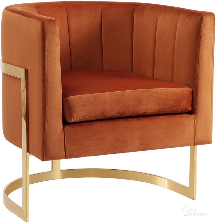 The appearance of Meridian Carter Cognac Velvet Accent Chair designed by Meridian in the modern / contemporary interior design. This cognac velvet piece of furniture  was selected by 1StopBedrooms from Carter Collection to add a touch of cosiness and style into your home. Sku: 515Cognac. Product Type: Accent Chair. Material: Velvet. Image1