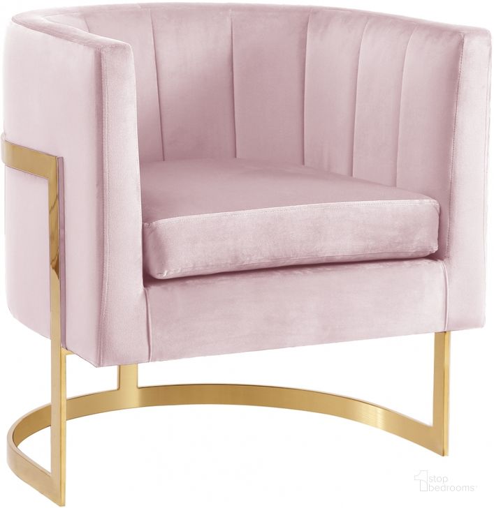 The appearance of Meridian Carter Pink Velvet Accent Chair designed by Meridian in the modern / contemporary interior design. This pink velvet piece of furniture  was selected by 1StopBedrooms from Carter Collection to add a touch of cosiness and style into your home. Sku: 515Pink. Product Type: Accent Chair. Material: Velvet. Image1
