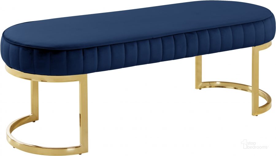 The appearance of Meridian Lemar Navy Velvet Bench designed by Meridian in the modern / contemporary interior design. This navy velvet piece of furniture  was selected by 1StopBedrooms from Lemar Collection to add a touch of cosiness and style into your home. Sku: 106Navy. Product Type: Bedroom Bench. Material: Velvet. Image1