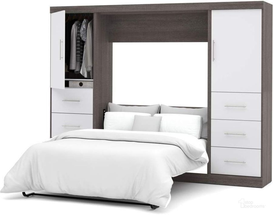 The appearance of Nebula Bark Gray and White 109" Full Wall Bed Kit designed by Bestar in the modern / contemporary interior design. This white and grey piece of furniture  was selected by 1StopBedrooms from Nebula Collection to add a touch of cosiness and style into your home. Sku: 25894-4717. Material: Wood. Bed Size: Full. Bed Type: Murphy Bed. Product Type: Murphy Bed. Image1