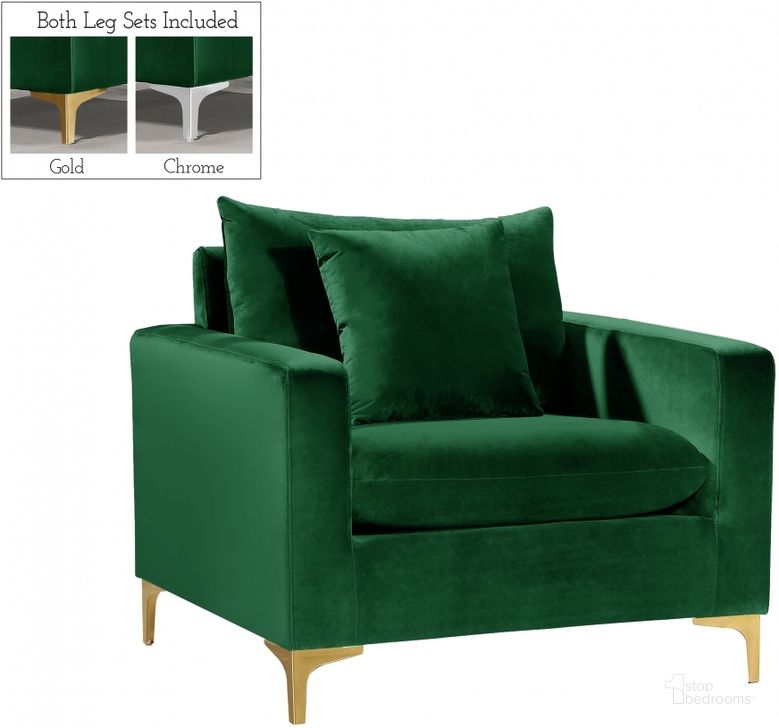 The appearance of Meridian Naomi Green Velvet Chair designed by Meridian in the modern / contemporary interior design. This green velvet piece of furniture  was selected by 1StopBedrooms from Naomi Collection to add a touch of cosiness and style into your home. Sku: 633Green-C. Product Type: Living Room Chair. Material: Velvet. Image1