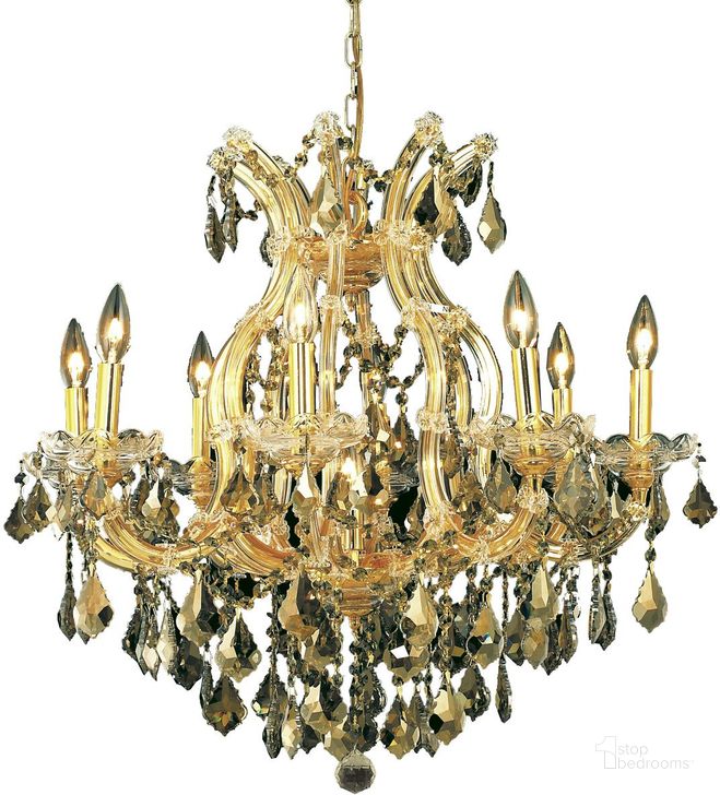 The appearance of 2800d26g GtRc Maria Theresa 26 Gold 9 Light Chandelier With Golden Teak Royal Cut Crystal Trim designed by Elegant Lighting in the glam interior design. This gold piece of furniture  was selected by 1StopBedrooms from Maria Theresa Collection to add a touch of cosiness and style into your home. Sku: 2800D26G-GT/RC. Material: Glass. Product Type: Chandelier.